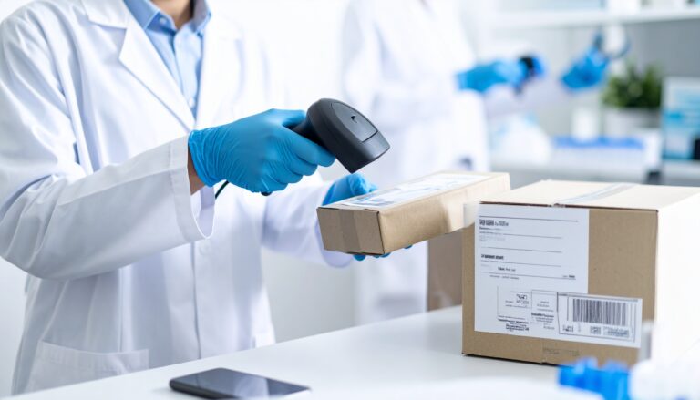 Firefly_Medical technician in a lab coat and gloves inspecting a barcode on medical device pa 279374